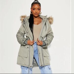 Fashion Nova Sage Green Puffer Parka with Faux-Fur Trim